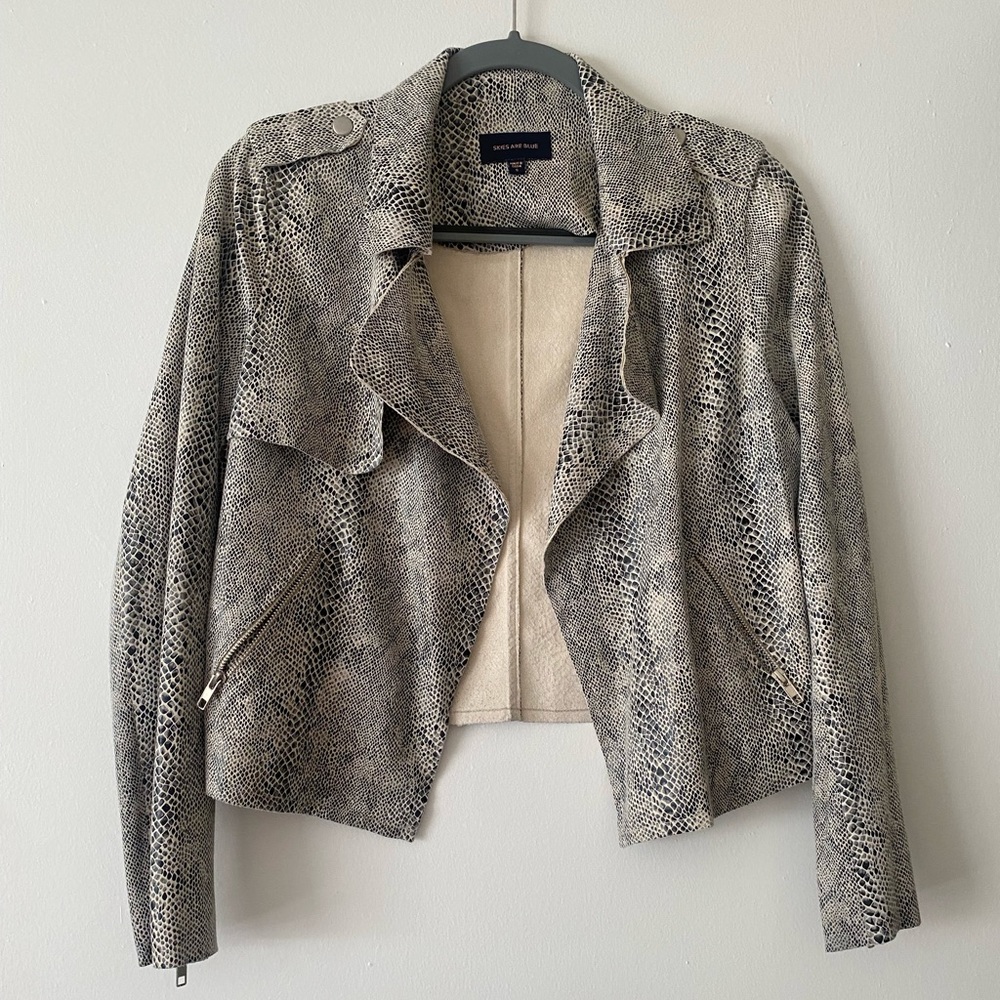 Faux Suede Snake Print Notch Lapel Long Sleeve Open Front Moto Statement Jacket